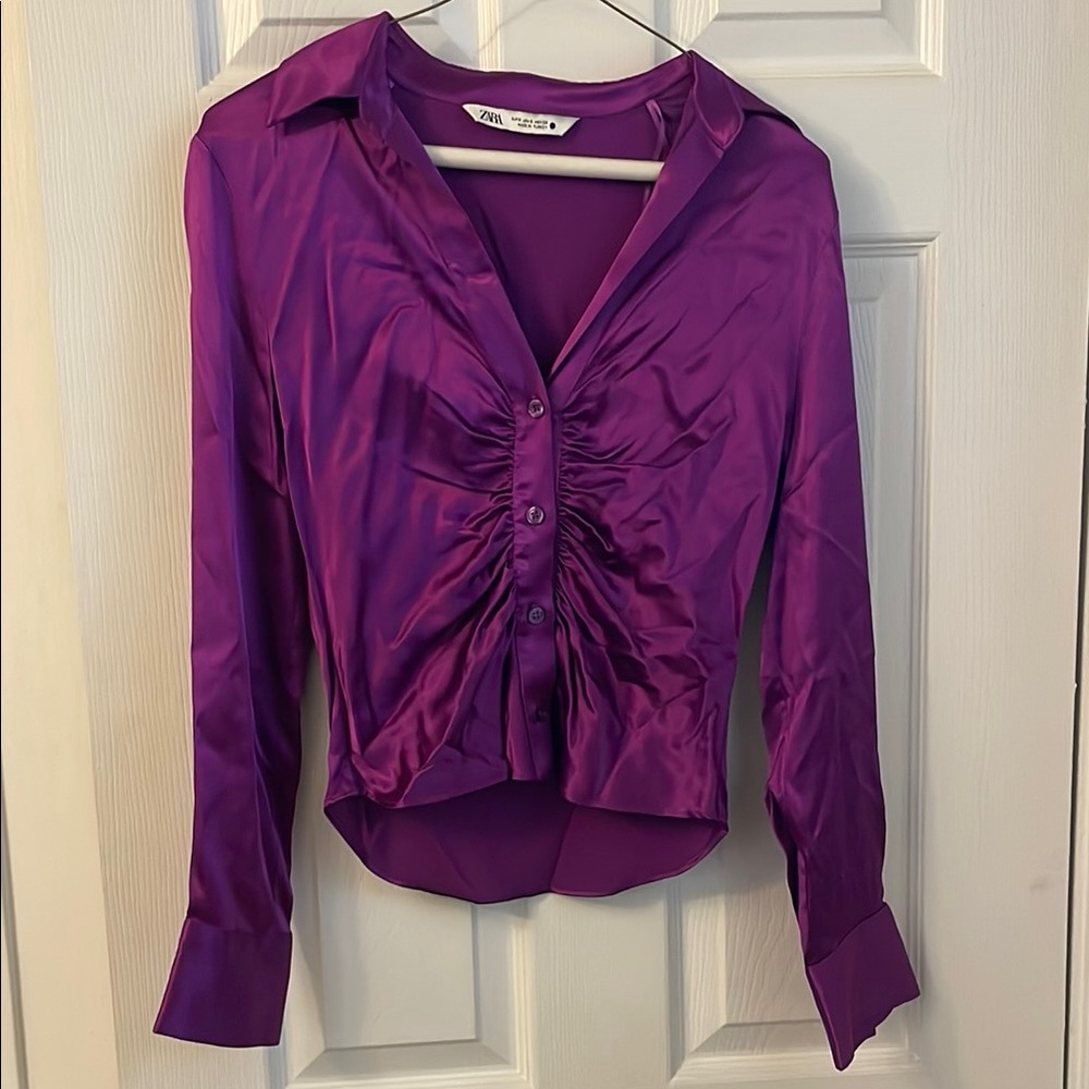 Zara Purple Satin Long Sleeve Button Down Shirt with Ruched Details